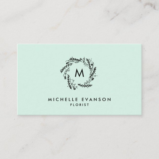Monogram Mint Green and Black Floral Wreath Business Card (Front)