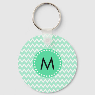 Monogram Mint Green and White Chevron Pattern Keychain