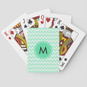 Monogram Mint Green and White Chevron Pattern Playing Cards
