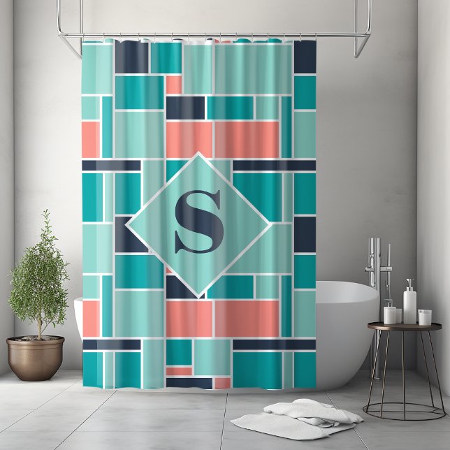 Monogram Mint Green Coral Geometric Art (Creator Uploaded)