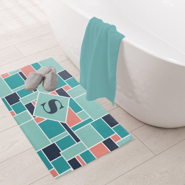 Monogram Mint Green Coral Geometric Art Bath Mat (Creator Uploaded)