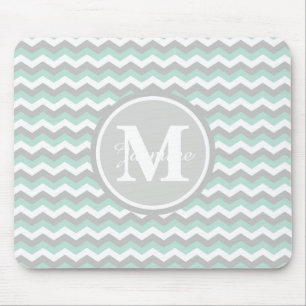 Monogram Mint Green Grey Chevron Zigzag Stripe Mouse Pad
