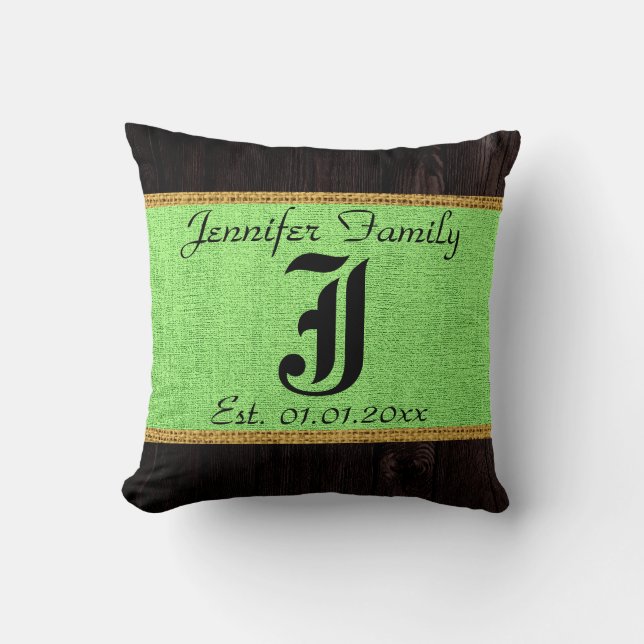 Monogram Mint Green Rustic Burlap Linen Wood Look Throw Pillow (Front)