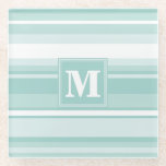 Monogram mint green stripes glass coaster<br><div class="desc">Irregular horizontal stripes in different shades of mint green</div>