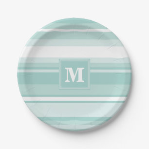 Monogram mint green stripes paper plate