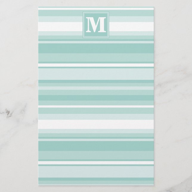Monogram mint green stripes stationery (Front)