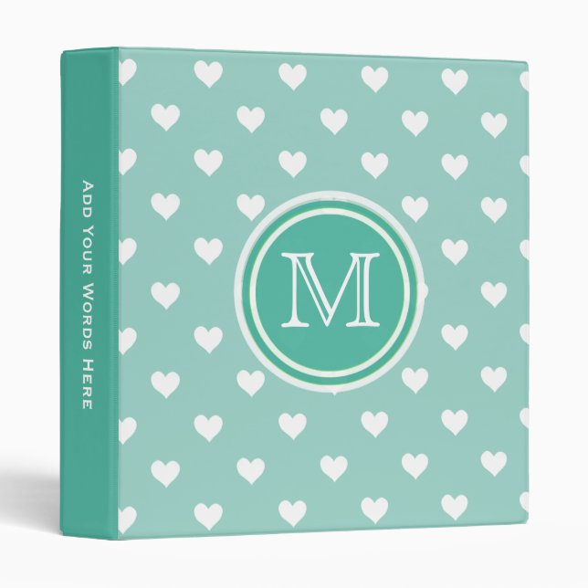 Monogram: Mint Green White Heart Chevron Binder (Front/Spine)