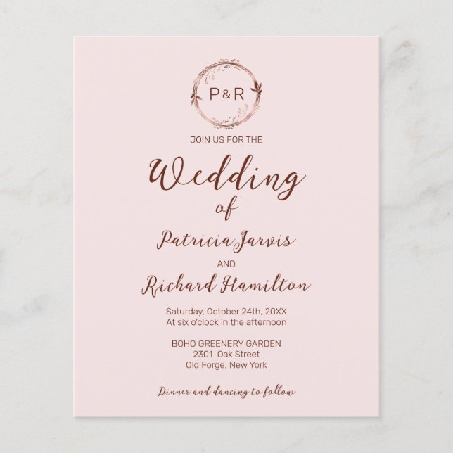 Monogram Misty Rose Budget Wedding Invitation (Front)