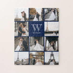 Monogram Modern 9 Photo Collage Navy Blue Jigsaw Puzzle