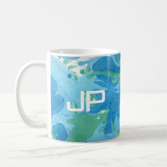 Monogram Modern Abstract Art Blue Template Coffee Mug (Left)