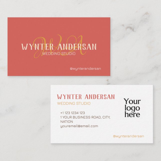 Monogram Modern Berry Minimalist Custom Logo Name Business Card (Front/Back)