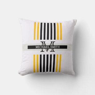 Monogram Modern Black Amber Stripes Pattern Throw Pillow
