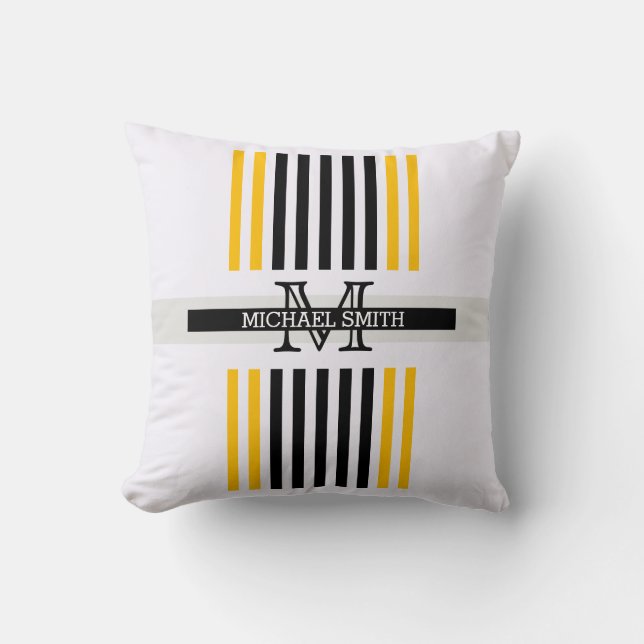Monogram Modern Black Amber Stripes Pattern Throw Pillow (Front)