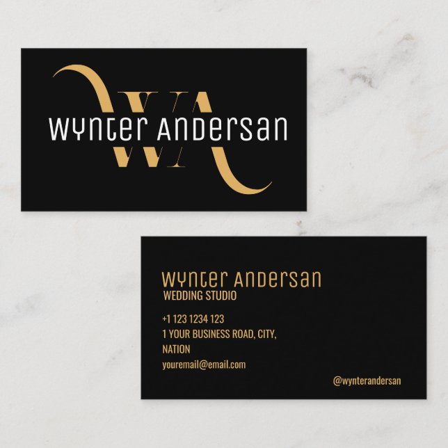 Monogram Modern Black Gold Chic Minimal Custom  Business Card (Front/Back)