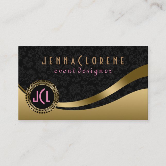 Monogram Modern Black & Gold Dynamic Lines Business Card (Front)