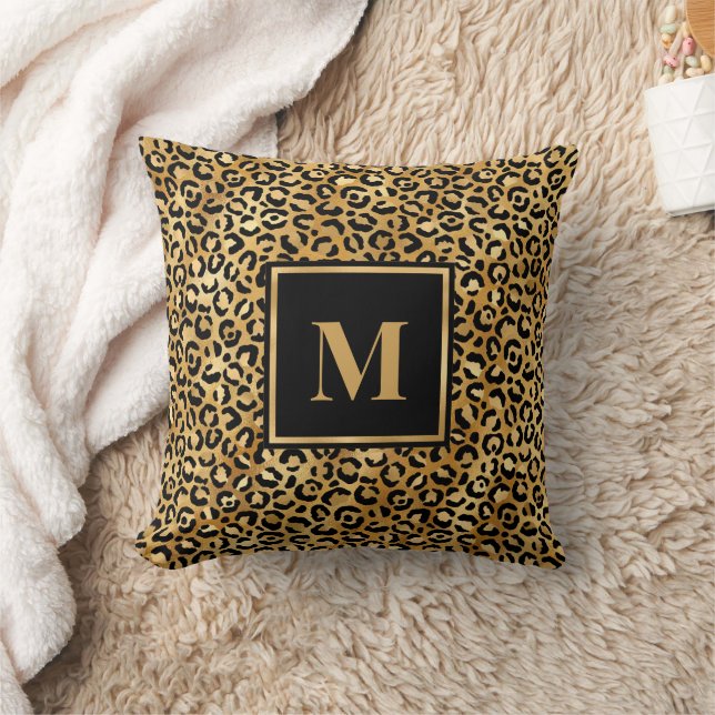 Monogram Modern Black Gold Leopard Print Throw Pillow (Blanket)