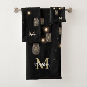 Monogram Modern Black Mason Jar Lights Bath Towel Set