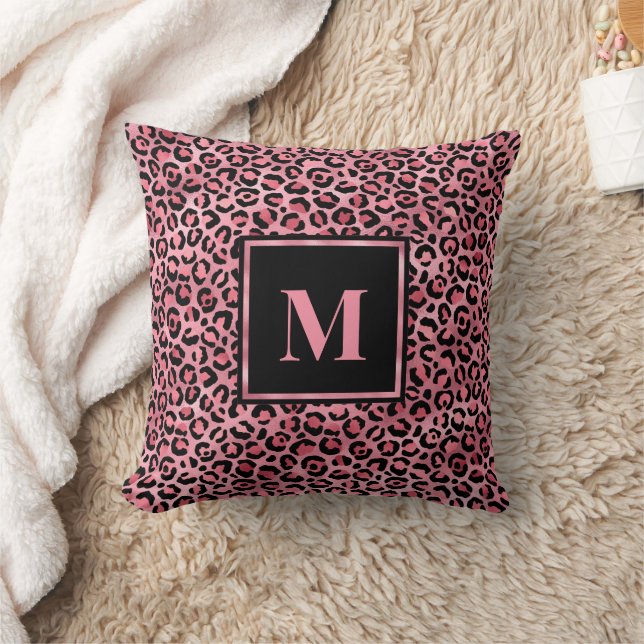 Monogram Modern Black Pink Leopard Print Throw Pillow (Blanket)