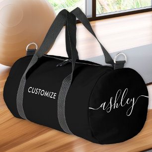 Monogram Modern Black Script Name Stylish Duffle Bag