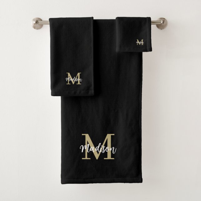 Monogram Modern Black Tan Sand Bath Towel Set (Insitu)