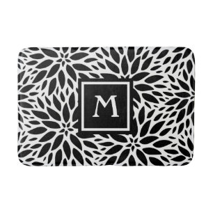 Monogram Modern Black & White Dahlias Bath Mat