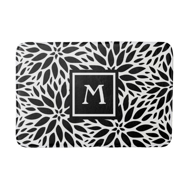 Monogram Modern Black & White Dahlias Bath Mat (Front)