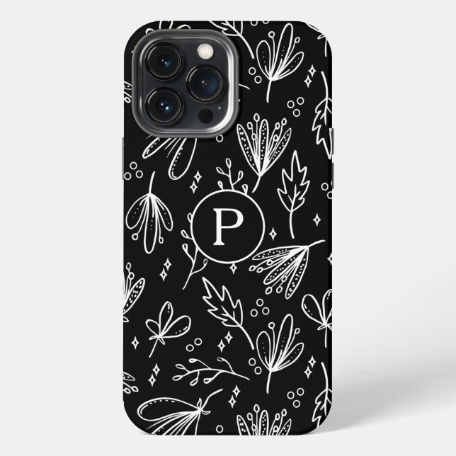 Monogram Modern Black White Floral Pattern iPhone Case (Back)