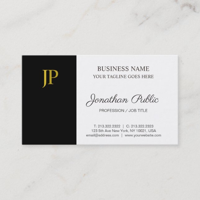 Monogram Modern Black White Gold Company Plain Business Card (Front)