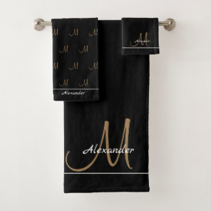 Monogram Modern Black White Gold Elegant  Bath Tow Bath Towel Set