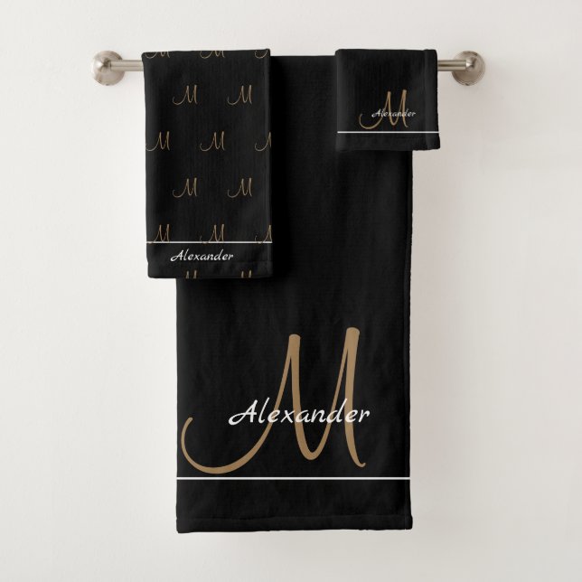 Monogram Modern Black White Gold Elegant  Bath Tow Towel Set (Insitu)