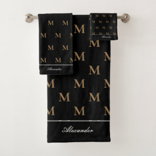 Monogram Modern Black White Gold Elegant  Bath Tow Towel Set