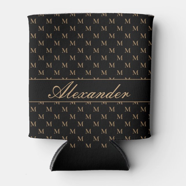 Monogram Modern Black White Gold Elegant  Can Cooler (Front)