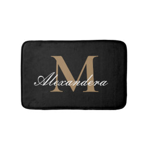 Monogram Modern Black White Gold Elegant Script Bath Mat