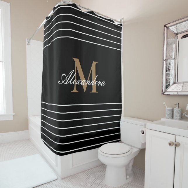 Monogram Modern Black White Gold Elegant Stripes (In Situ)