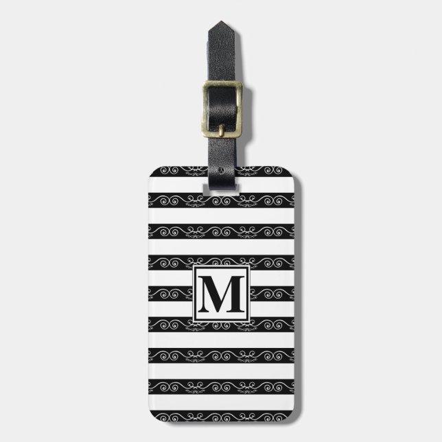 Monogram modern Black White striped Luggage Tag (Front Vertical)