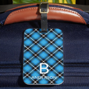 Monogram Modern Blue Black Plaid Pattern   Tartan Luggage Tag