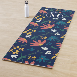 Monogram Modern Blue Boho Floral Pattern Yoga Mat