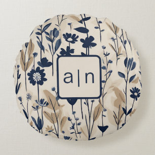 Monogram Modern Blue Floral Round Pillow