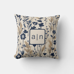 Monogram Modern Blue Floral  Throw Pillow