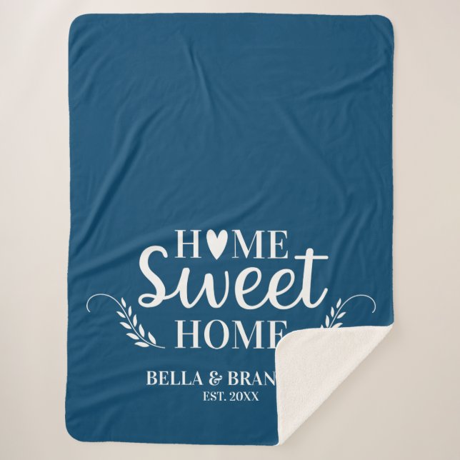 Monogram Modern Blue Newlywed Established Date Sherpa Blanket (Front)