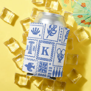 Monogram Modern Blue White Abstract Pattern Can Cooler