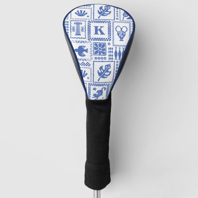Monogram Modern Blue White Abstract Pattern Golf Head Cover (Front)