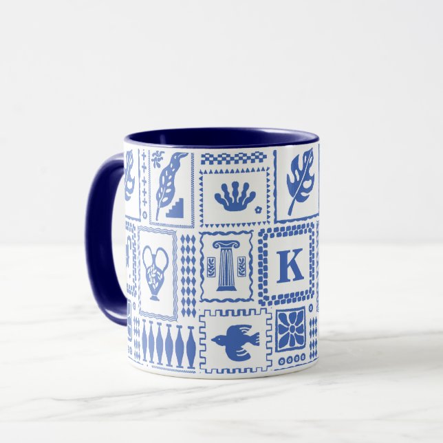 Monogram Modern Blue White Abstract Pattern Mug (Front Left)