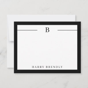 Monogram Modern Border Black White Flat Note Card