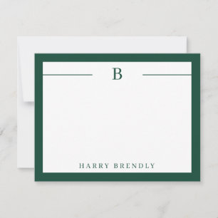 Monogram Modern Border Green White Flat Note Card