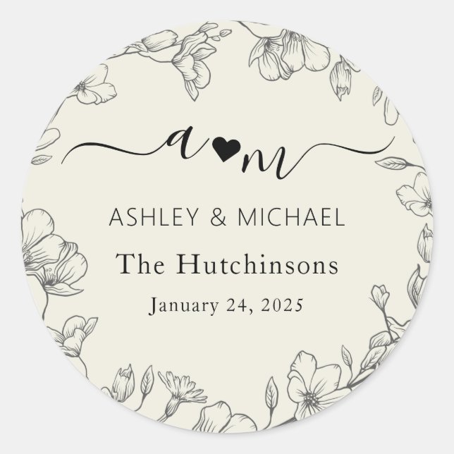 Monogram Modern Botanical Wedding Classic Round Sticker (Front)