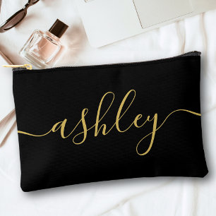 Monogram Modern Calligraphy Black Gold Script Accessory Pouch
