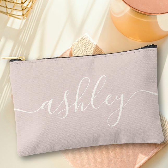 Monogram Modern Calligraphy Pink Ivory Script Accessory Pouch (Creator Uploaded)