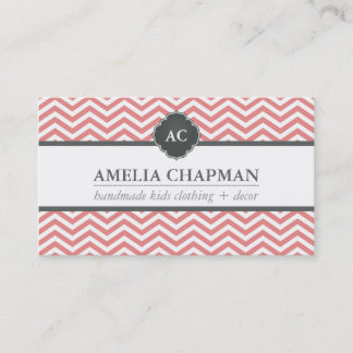 MONOGRAM modern chevron pattern coral pink grey Business Card