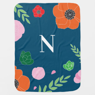 Monogram Modern Chic Flower Illustration Baby Blanket